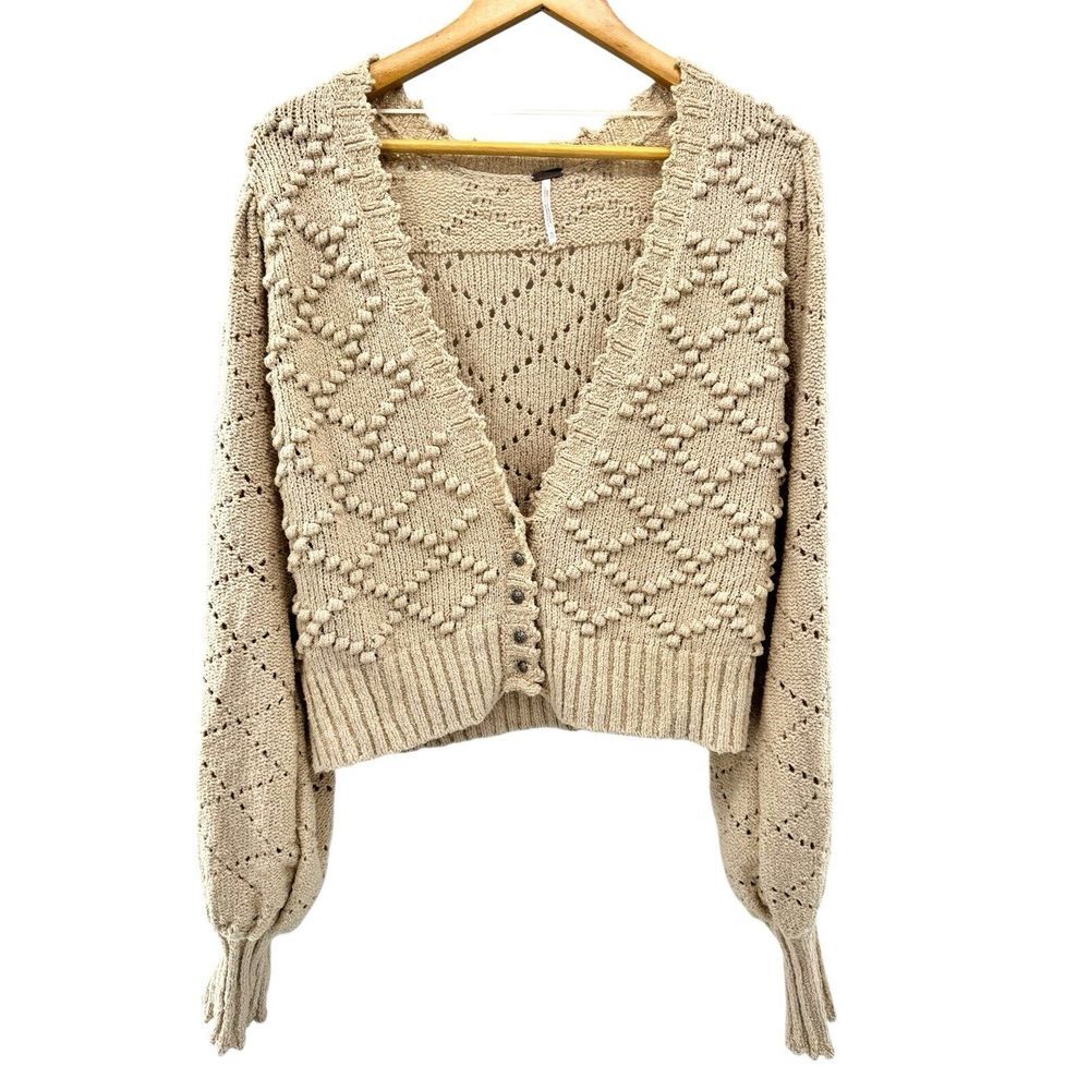 $148 Free People Polly Pom Open Stitch Crop Cardigan in Cream Women's XL